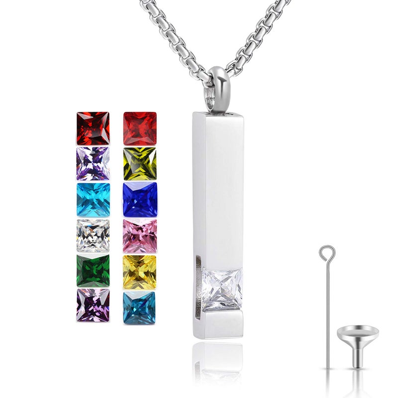 YOUFENG Urn Necklaces for Ashes Birthstone Cube Urns for Human Ashes Memorial Cremation Urn Locket Keepsake Ashes Jewelry (Silver - April) - Image 1